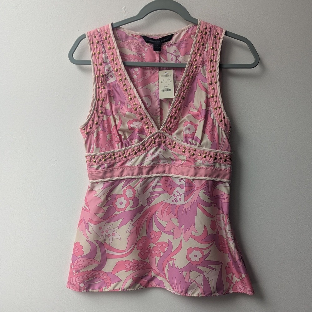 Vtg Y2K Express Silk Tank Top Pink Floral Studded V-Neck Deadstock Sz S Boho